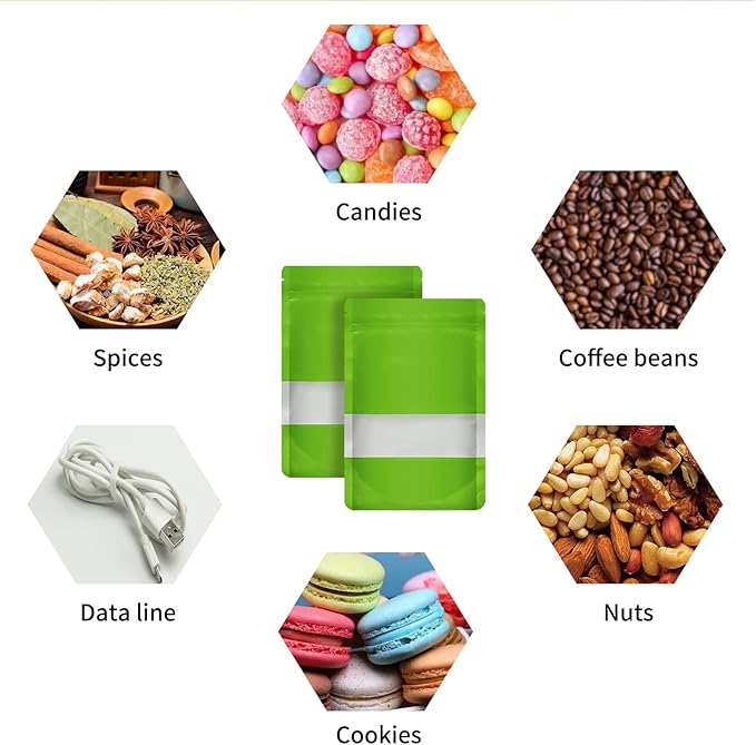 100 Mylar Bags, Resealable Foil Pouch with Clear Window, Stand-up Food Storage Bags, Green, 3.5 x 5 Inch