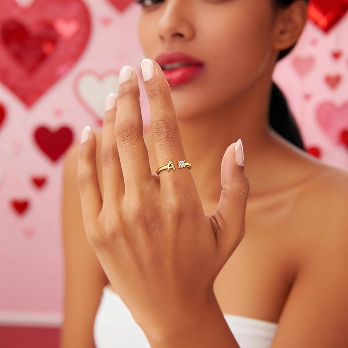 Valentines Day Gifts for Kids Teen Girls, 14K Gold Plated Adjustable Initial Rings for Women Teen Girl Trendy Stuff Birthday Valentines Day Gifts for Women Wife Mom Jewelry