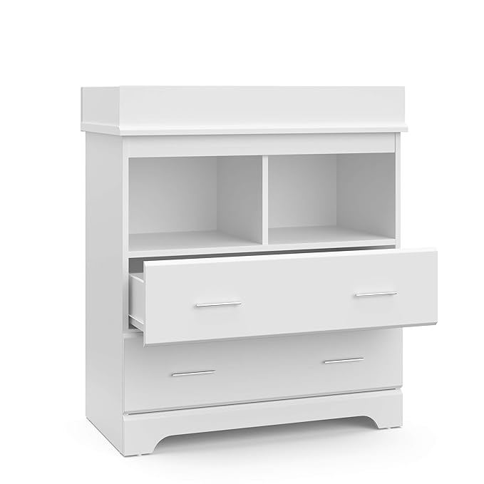 Storkcraft Brookside 2 Drawer Changing Table Dresser (White) – GREENGUARD Gold Certified, Easy-to-Match Chest of Drawers and Cubbies for Nursery and Kids Bedroom, Includes Changing Table Topper