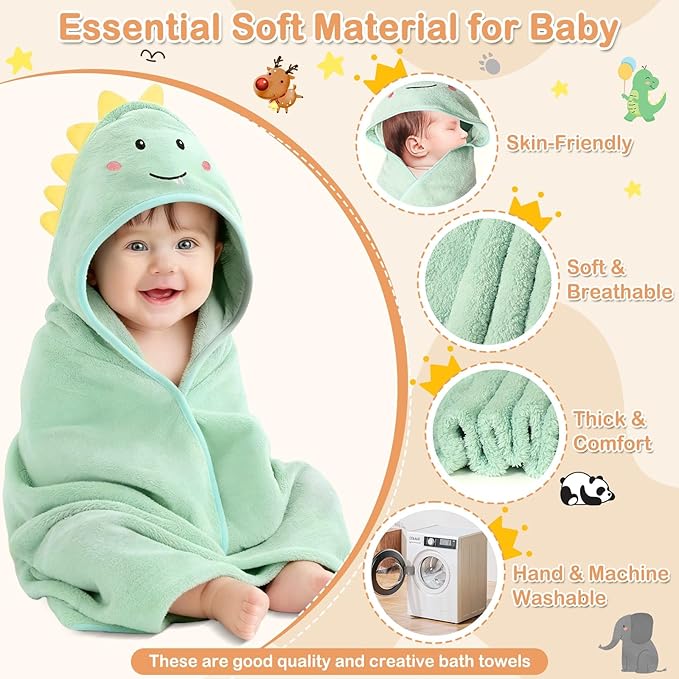 14 Pcs Baby Towels Set, Baby Towels and Washcloths Set,4 Pcs 32x32 in Cute Hooded Bath Towel & 10 Pcs Baby Washcloths for Infants, Toddlers and Kids - Dinosaurs, Pandas, Elephants & Moose