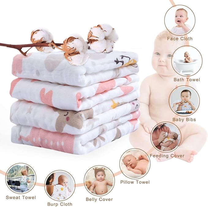 Viviland Baby Muslin Burp Cloths, 10 x 20 inches 6-Layer Baby Bath Towels, 100% Cotton Super Absorbent Washcloths for Baby Girl and Boy, Pink Heart & Star Pattern 4 Pack