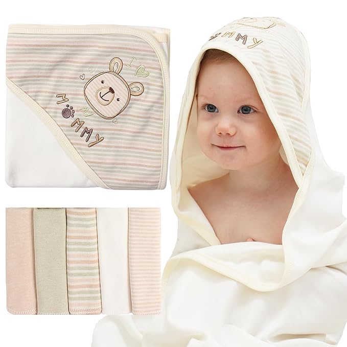 6-Pack Organic Cotton Baby Bath Set - Embroidered Hooded Towel & 5 Soft Washcloths, Ultra Soft Newborn, Toddlers Registry Gift for Boys & Girls, Stripes Bear, 37.5 x 37.5 Inch