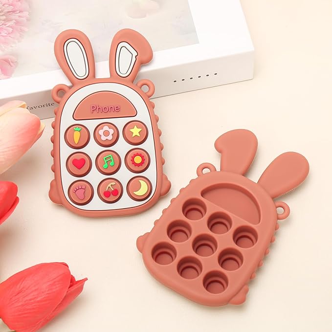 Teething Toys for Babies, BPA-Free Silicone Teether Toy for Infants, Cute Rabbit Phone Design with Easy-Grip Ears, Soothing Gums and Push Pop for Boy and Girl