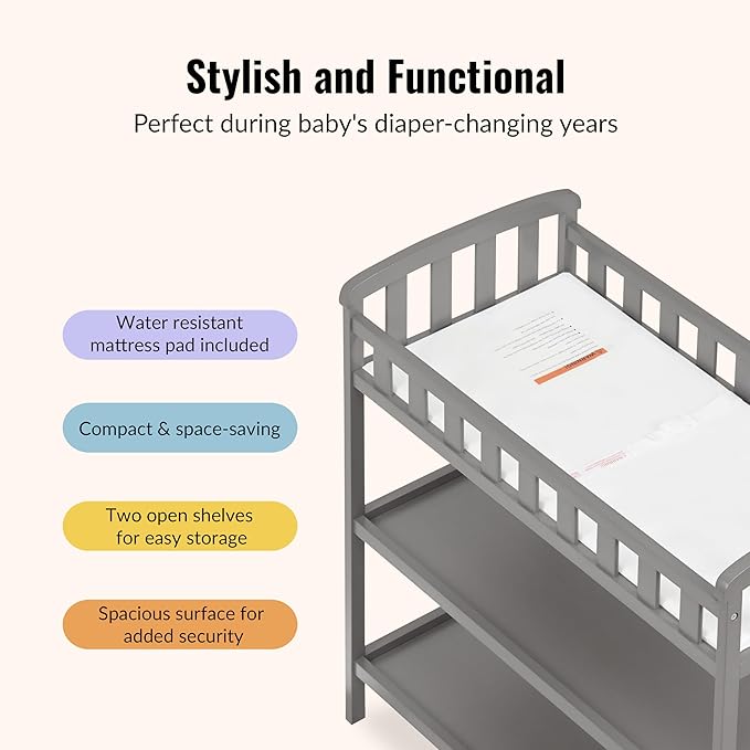 Dream On Me Emily Changing Table In Steel Grey, Comes With 1" Changing Pad, Features Two Shelves, Portable Changing Station, Made Of Sustainable New Zealand Pinewood