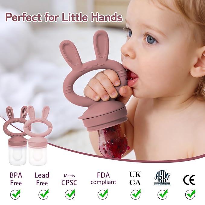 Baby Solids/Frozen Fruit Feeder Pacifier, Infant Teether Toy 4M+, BPA-Free Silicone Pouch & Nipple, Safely Introduce Solids, Teething Relief, 2-Pack (Rabbit - Pink Purple, S/M/L)