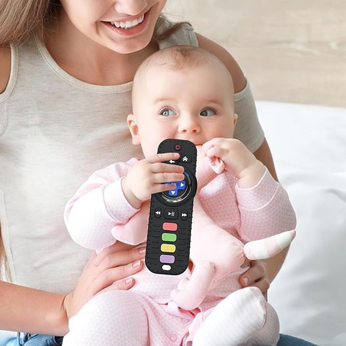 Fu Store Silicone Baby Teether Toys for 0-12 Momths 3-24 Months Infant Toddlers TV Remote Control Rattle Teethers for Babies Chew Toys Teething Relief Soothe Babies Gums, Black