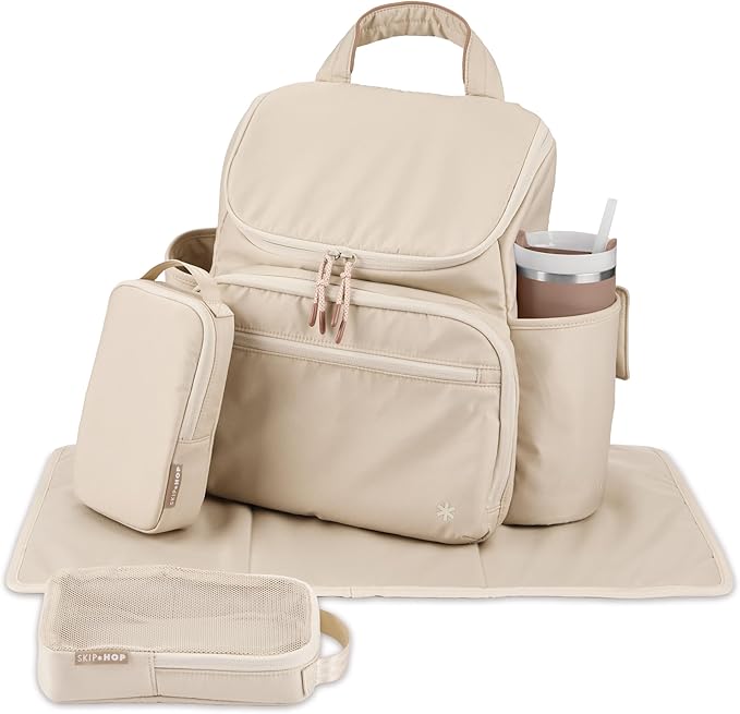 Skip Hop Diaper Bag Backpack with Portable Changing Pad Adjustable Pocket for 30 oz. Tumblers 9 Total Pockets Insulated Packing Cubes Luggage Sleeve & Stroller Straps Fits a 14” Laptop Forma Next Oat