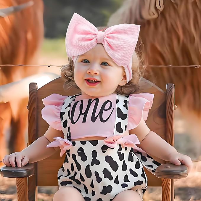 2Pcs Moo Cow Print 7’’ Hair Bows for Baby Girls Cowgirl Accessories Infant Toddler Baby Girl Headbands Pink Bow Hair Wrap