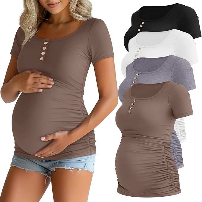 Riyiper 4 Pack Women's Maternity Shirts, Henley Scoop Neck Pregnancy Tee Tops Short Sleeve Side Ruched Mama Clothes