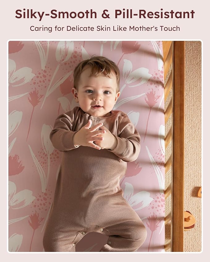 Pack and Play Sheets Fitted 3 Pack, Mini Crib Sheets for Pack N Play Mattress Stretchy Portable Playard Sheets, Soft Breathable Pink Flowers & Leaf
