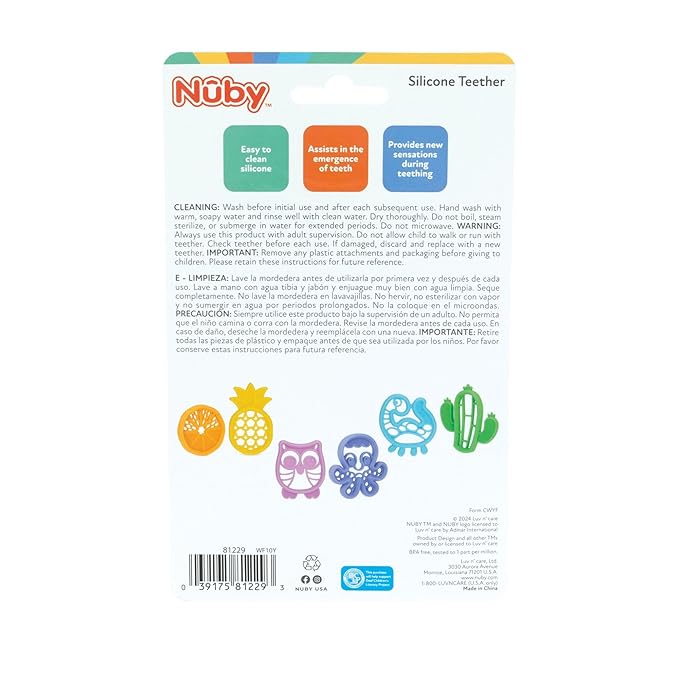 Nuby Soft Silicone Gum Massaging Baby Teether Toy - (2 Pack) Baby Teething Relief Toys for 3+ Months - Owl and Octopus