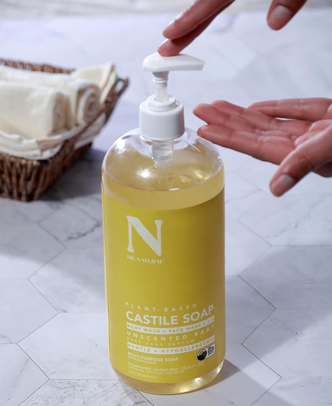 Dr. Natural Castile Liquid Unscented Baby Soap, Mild, 2 pc - Sulfate-Free, Paraben-Free, Cruelty-Free Multi-Purpose Soap with Shea Butter, Olive Oil