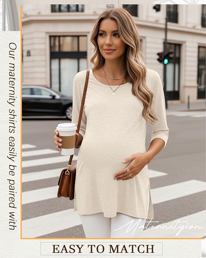 3 Pack Women's 3/4 Sleeve Maternity Shirts Elbow Length Clothes Round Neck Tunics Pregnancy Loose Side Split Tops