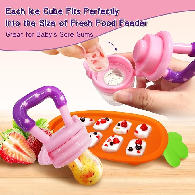 Baby Fruit Feeder with Ice Tray, BPA-Free Silicone Teether & Infant Feeding Set for 3-24 Months, Leak-Proof, Ergonomic Handle – Perfect for Puree, Yogurt & Frozen Snacks（Pink Yellow）