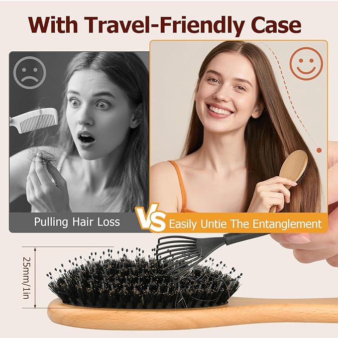 Boar Bristle Hair Brush Gift Set for Women & Men, 100% Natural Bristle & Nylon, Reduces Frizz & Static, Gentle Detangling for All Hair Types Thick Thin Curly Straight, Regular Size