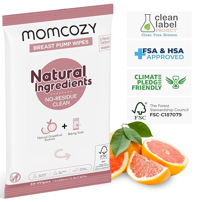 Momcozy Natural Breast Pump Wipes for Pump Parts Cleaning On-the-go, 30 Count (Pack of 3), Flash Clean & Resealable Pump Wipes