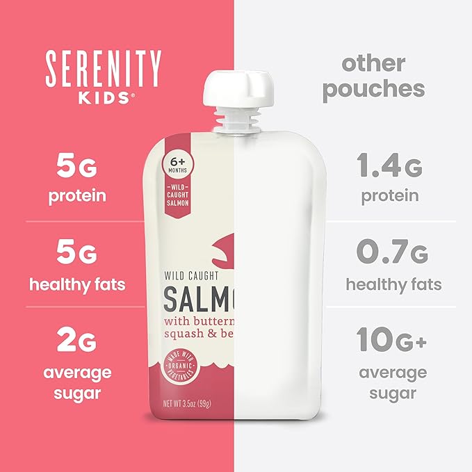Serenity Kids 6+ Month Salmon Baby Food Pouches - No Added Sugar with Butternut Squash & Beet - BPA-Free Pouches for Infant Travel Essentials - 3.5 Oz, Pack of 12