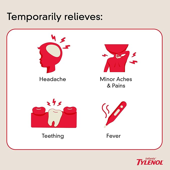 Infants' Tylenol Oral Suspension Liquid Medicine with Acetaminophen, Baby Fever Reducer & Pain Reliever for Minor Aches & Pains, Sore Throat, Headache & Teething Pain, Dye-Free Cherry, 1 fl. oz