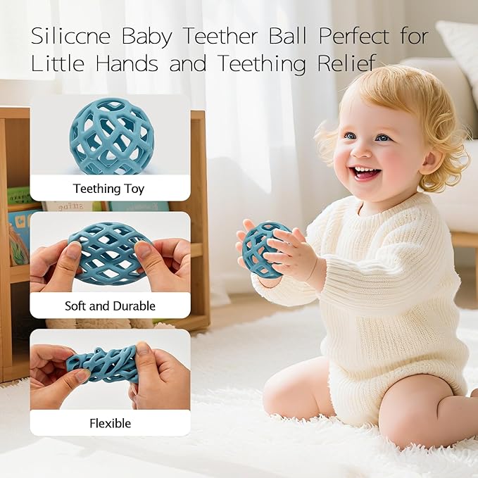 Baby Teething Toys, Silicone Babys Chew Toys for Soothing Babies Gums, Sensory Hollow Ball Teether for Babies 3+ Months,Baby Teether Toys,Baby Gifts for Girl & Boy (Light Blue)