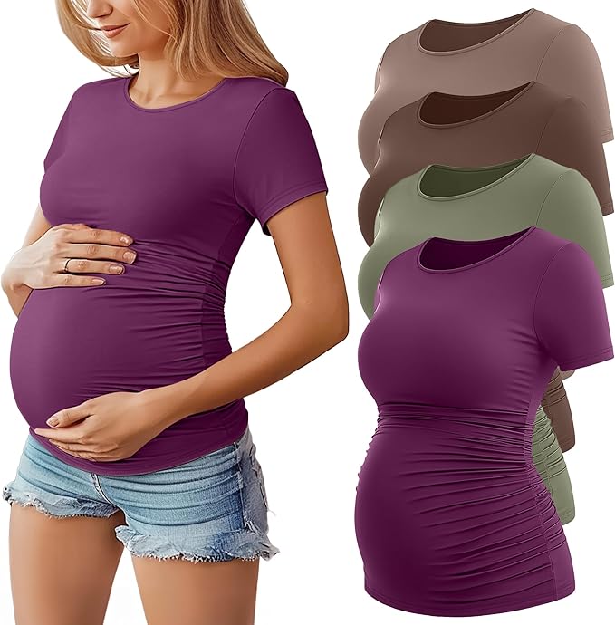 Huukeay 4 Pack Women's Maternity Shirts, Crew Neck Maternity Top Short Sleeve Casual Cotton Tee Side Ruched Pregnancy Clothes