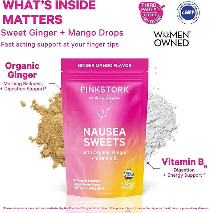 Pink Stork Organic Mango Sweets with Vitamin B6 for Morning Sickness and Motion Sickness, Added Ginger & Vitamin B6, 1st Trimester Pregnancy Must Haves - 30 Wrapped Candies