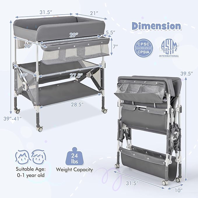 HONEY JOY Changing Table, Foldable Baby Mobile Nursery Organizer w/Wheels, Adjustable Heights, Storage Bag & Shelves, Waterproof Diaper Changing Station Dresser, Portable for Newborn Infant (Gray)