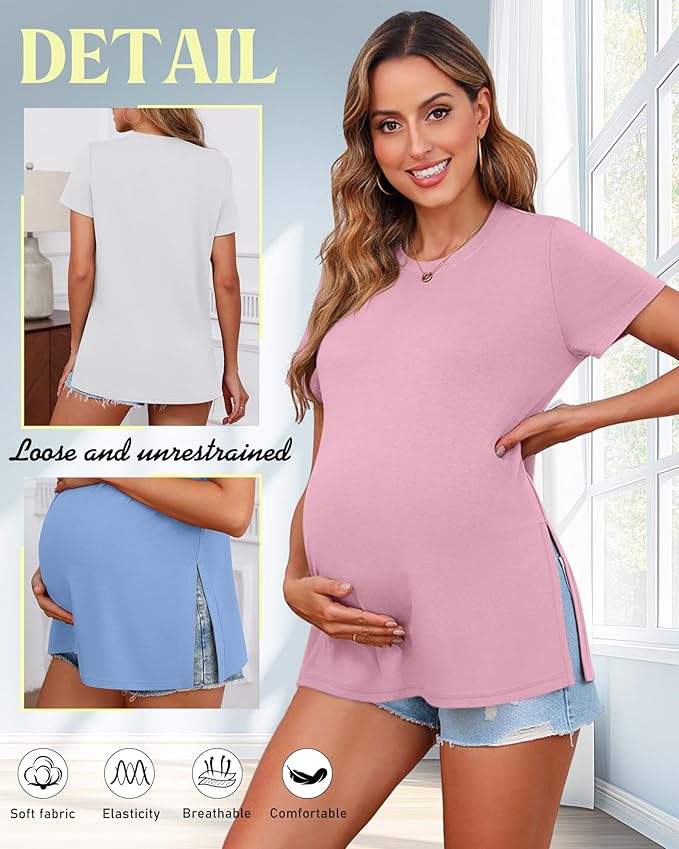 Ficerd 3 Pack Women's Maternity T Shirts, Short Sleeve Side Split Pregnancy Tops Casual Crew Neck Pregnant Tees Mama Clothes