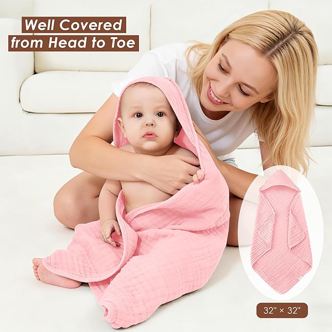 3-Pack Muslin Hooded Baby Towels, 100% Cotton, Ultra-Soft & Absorbent Baby Bath Towels with Hood for Babies, Infant, Toddler and Newbron (Pink and Sakura Series,32" x 32")