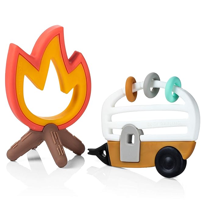 Lucy Darling Little Camper Baby Teether Set – 2 Textured Silicone Teething Toys (Camper & Campfire) for Babies 3–6 Months | BPA-Free, Easy to Hold & Clean | Baby Registry & Shower Gift