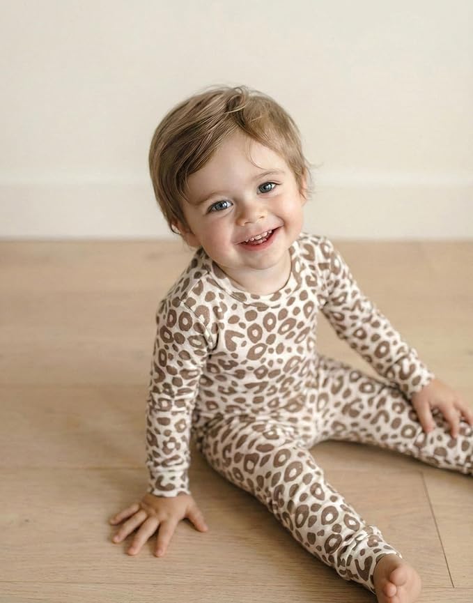 moimoln Baby Toddler Pajama Set Snug-Fit Cotton Modal Sleepwear, Leopard, Check & Solid Mix (6M-8Y, 1/2 Pack)
