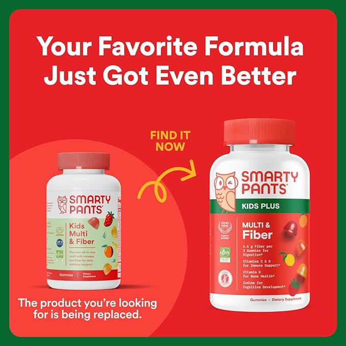 SmartyPants Kids Multivitamin Gummies and Fiber Supplement: Vitamin D3, C, Vitamin B12, B6, A, Zinc, Biotin, Inositol, Fiber Gummies, Three Fruit Flavors, 90 Count (22 Day Supply)