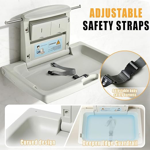 PXNTLA-Wall Mounted Commercial Baby Changing Station, Foldable Diaper Change Table for Public Bathroom with Adjustable Safety Strap, Dual Side Hooks & Foldable Storage Boxes