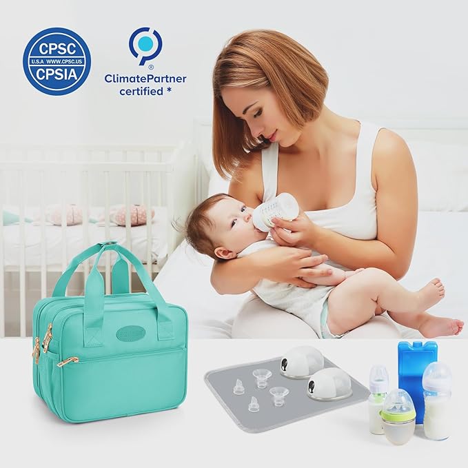 PIIOSER Breastmilk Cooler Travel Bag with Ice Pack, Compatible with Wearable Breast Pumps & Accessories - Portable Breast Pumps Carrying Case for Nursing & Working Moms (Green-Small)