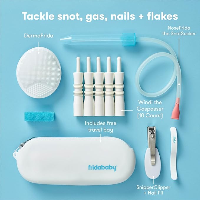 Frida Baby Basics Kit, Baby Essentials Kit Includes Nasal Aspirator Snotsucker, NailFrida Nail Files, Windi Gas Relief, DermaFrida Bath Brush + Silicone Carry Case (Pack of 8)