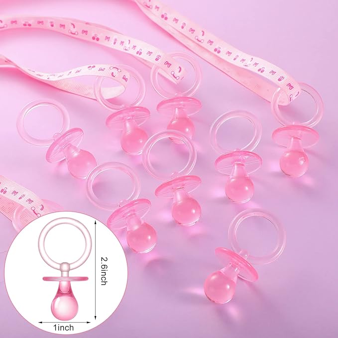 Tondiamo 48 Pieces Baby Pacifiers Party Favors with 24 Plastic Pacifiers and 24 Mini Clothes Pins Transparent Baby Showers Pacifiers Necklace Baby Girl Boy Pacifier Necklace for Party Favor(Pink)