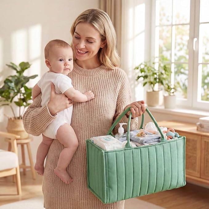 Green Diaper Caddy Organizer for Changing Table, Nursery Storage Basket for Diaper Stations with Removable Dividers, Newborn Baby Essentials & Registry Must Haves, Gift for Baby Shower