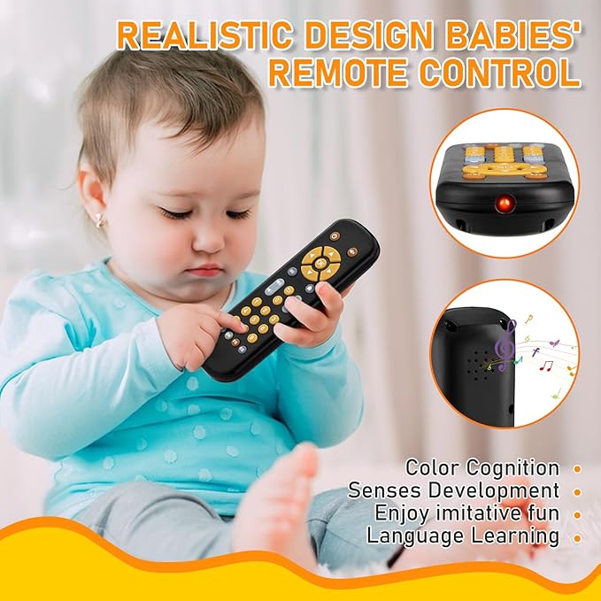 Baby TV Remote Control Toy 6 Month+, Toddler Realistic Remote Toy with Sound and Light, Early Educational Music Toys with 3 Languages English French Spanish for Infant Boys Girls 6 12 18 months