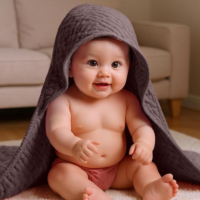 Peryiter 6 Pcs Muslin Hooded Baby Towels 32x32inch Cotton Newborn Bath Essentials Muslin Infant Blankets Absorbent Registry Baby Shower Present for Babies Girl Boy Kids (Gray Series)