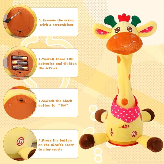 Dancing Talking Musical Giraffe Toy, Tummy Time Toy with Volume Adjustment, Singing Giraffe Stuffed Animal 10 Children's Songs Light Up Toys, Repeating What You Say, Baby Toy