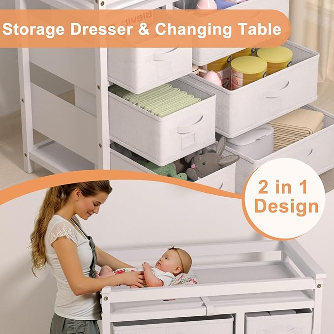 KORIMEFA Modern Baby Changing Table, Diaper Changing Table, with 6 Storage Drawers and Changing Pad, White