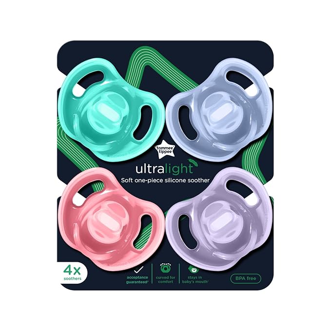 Tommee Tippee Ultra-Light Silicone Pacifier, 18-36 Months, Symmetrical One-Piece Design, BPA-Free Silicone Binkies, Pink/Violet/Green, Pack of 4