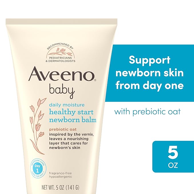 Aveeno Baby Healthy Start Nourishing Newborn Balm, Hypoallergenic Baby Skin Balm with Prebiotic Oat Leaves a Nourishing Layer to Care for Newborn Skin, Fragrance-Free, 5 oz