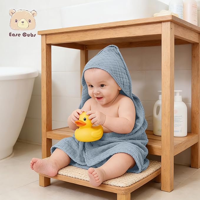 3-Pack Muslin Hooded Baby Towels, 100% Cotton, Ultra-Soft & Absorbent Baby Bath Towels with Hood for Babies, Infant, Toddler and Newbron (Grey and Navy Blue Series,32" x 32")