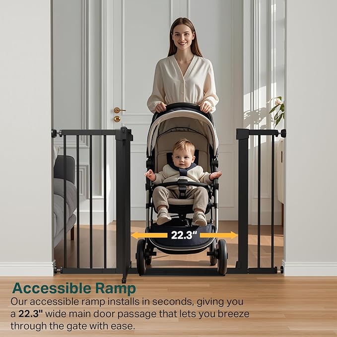 Cumbor 29.7-48" Baby Gate for Stairs, Mom's Choice Awards Winner-Dog Gate for Doorways, Auto Close Safety Pet Gate for Dogs Indoor, Easy Install Pressure Mounted Child Gate with Walk Thru Door, Black