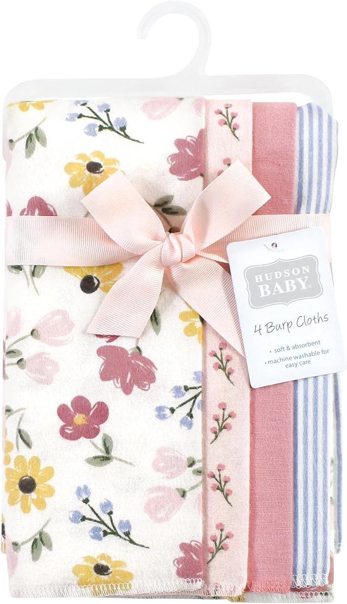 Hudson Baby Cotton Poly Flannel Burp Cloths Multipack, Soft Painted Floral 8-Pack, One Size