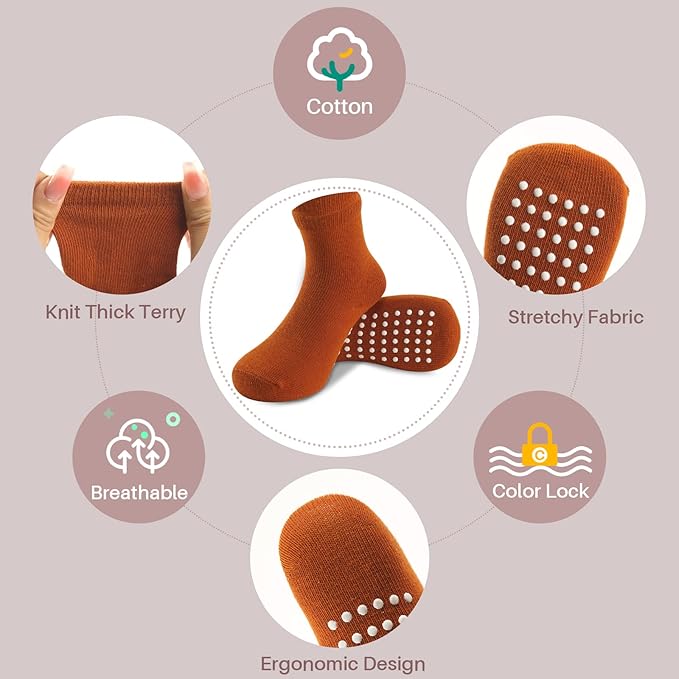 JAKIDAR 12 Pack Baby Toddler Socks Non Slip Grip Cotton Crew Socks for Boys Girls Infants Kids