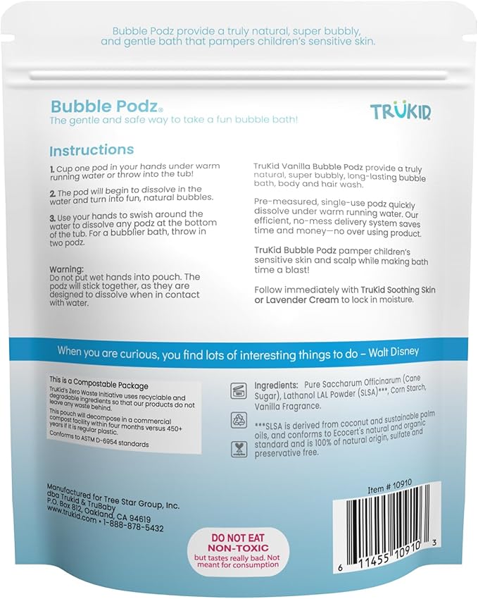 TruKid Bubble Podz Bubble Bath for Kids, Toddlers, & Babies, Tear Free Gentle & Refreshing Bath Bomb for Sensitive Skin with Natural Moisturizers, Non-Toxic, pH Balanced, Vanilla Scent (24 Podz)