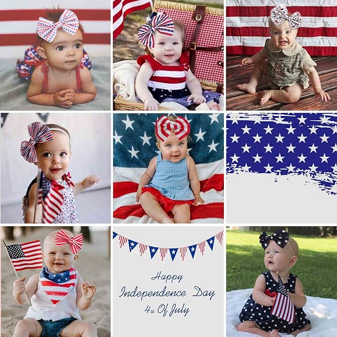 4th of July America Flag Baby Headbands Cheer Bow, Baby Girls Red White Blue Star Spangled Patriotic Hair Bow for Newborns Toddlers Small Children,3 Pcs (America Flag-B)
