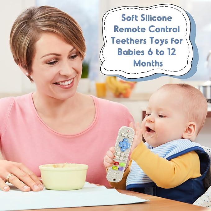 Teething Relief Teethers Toys for Babies 3-6-12 Months Gifts, Food Grade Silicone Sensory Remote Control Baby Teether Bath Toys for 9 18 Months Newborn Infant Boy Girl Autism, Beige