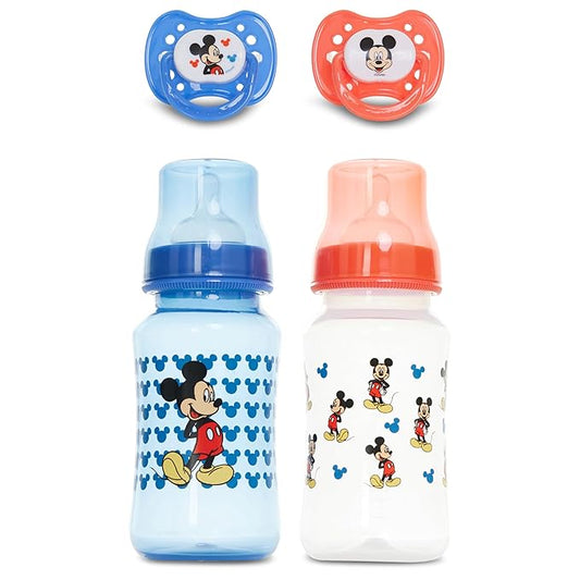 Disney Baby Bottles and Pacifiers Set – 2 Hourglass-Shaped 11oz Bottles + 2 Orthodontic Pacifiers – Officially Licensed Mickey, Minnie, Pooh & Dumbo Designs – BPA-Free Feeding Gift Set
